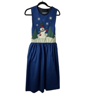 J.G. Hook Womens Blue Snowman Christmas Tree Holiday A-Line Dress Petite 12P